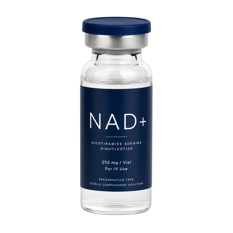 Pharmaceutical-grade NAD+ vial with deep navy label